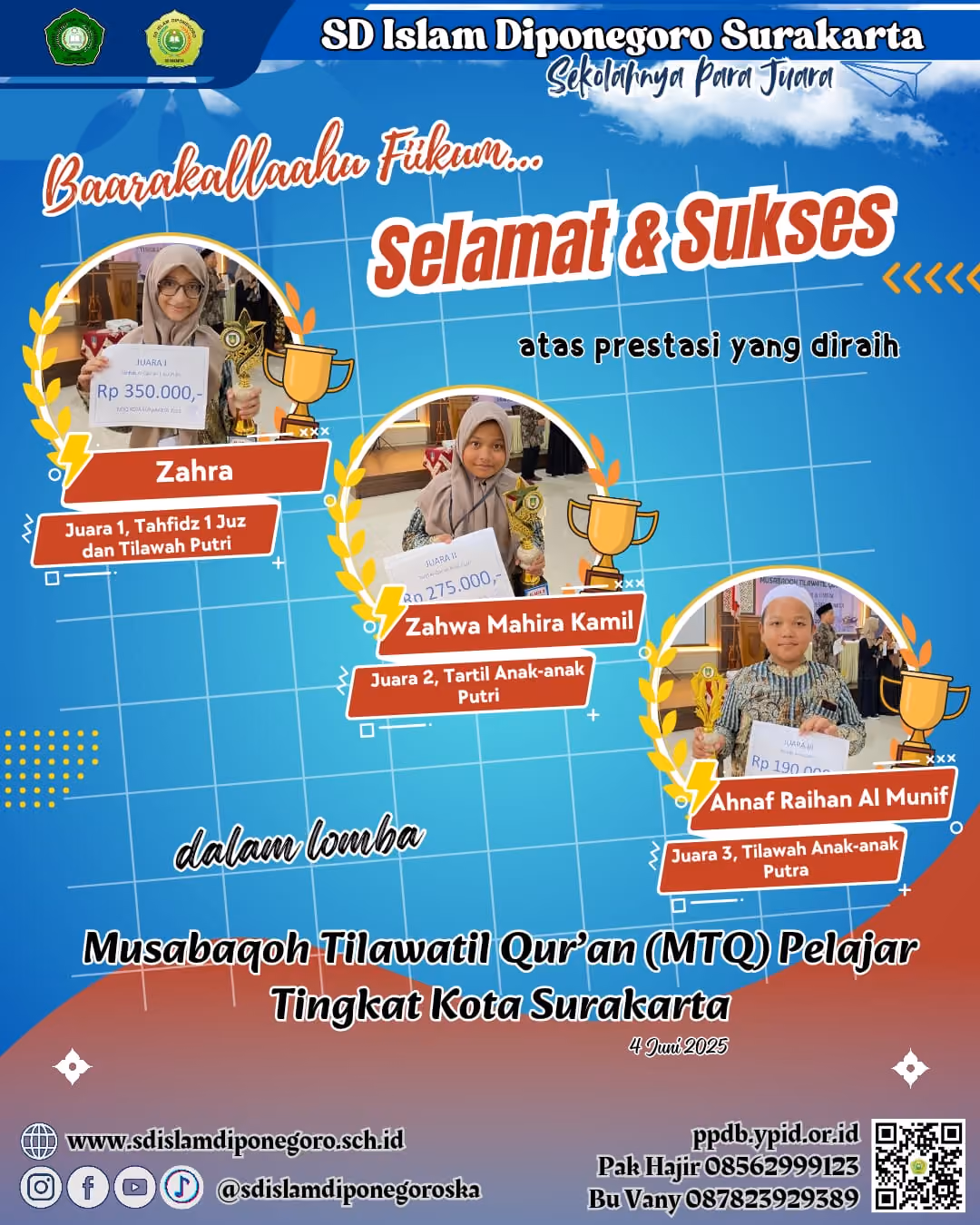Tiga Siswa SD Islam Diponegoro Surakarta Raih Juara dalam MTQ Tingkat Kota Surakarta