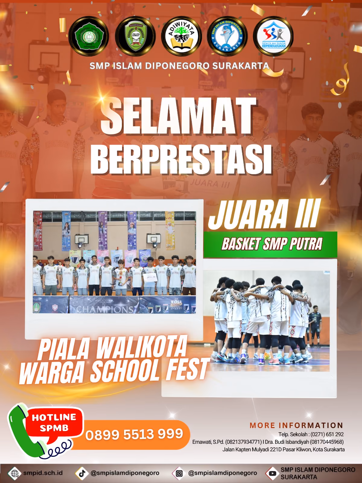 Tim Basket SMP Islam Diponegoro Surakarta Raih Juara 3 di Ajang Piala Walikota - Warga School Fest 2025