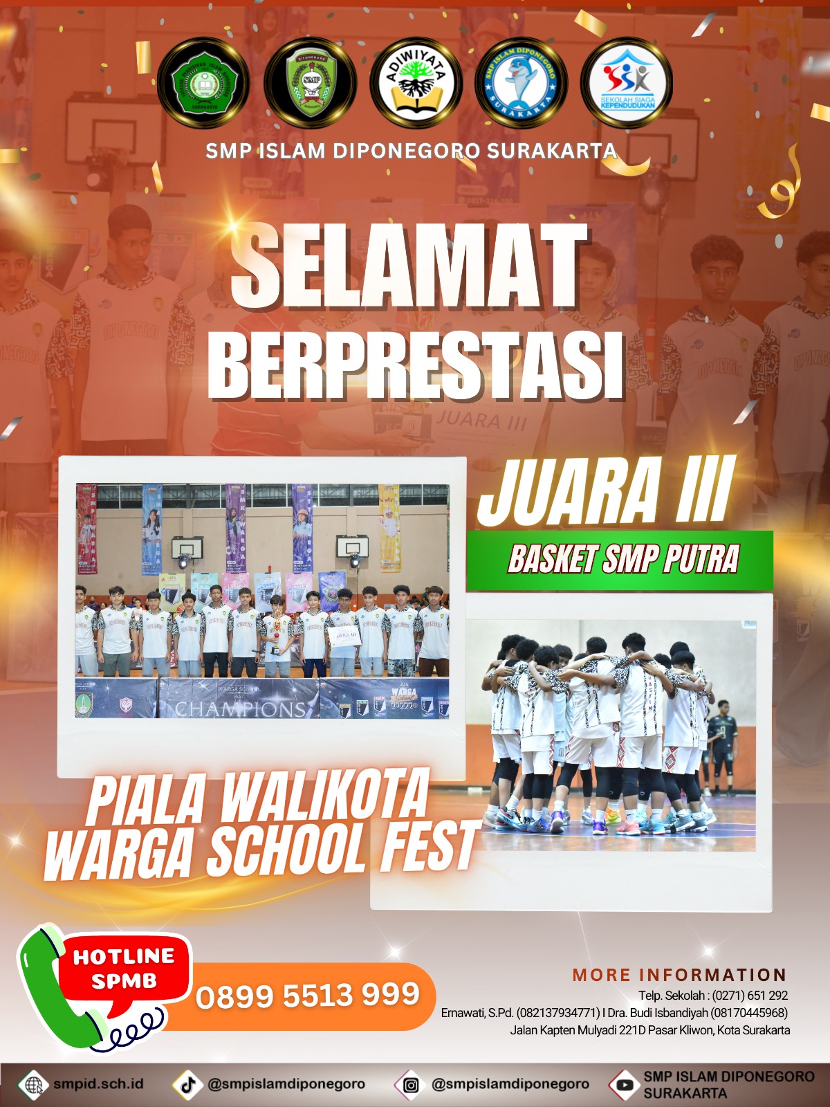 Tim Basket SMP Islam Diponegoro Surakarta Raih Juara 3 di Ajang Piala Walikota – Warga School Fest 2025